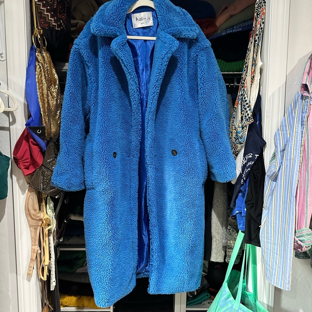 Sky Blue Long Teddy Jacket Faux Fur Size Large
